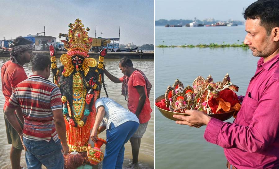 A Kali idol immersion at the Baje Kadamtala Ghat and (right) a man brings idols of Lakshmi and Ganesh for immersion at the same ghat 