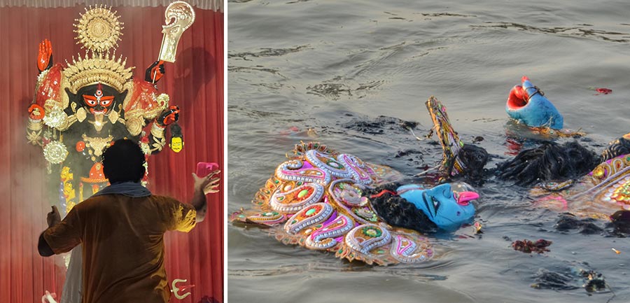 ‘Arati’ before immersion of Kali idol in north Kolkata on Saturday morning and (right) another immersion at Baje Kadamtala Ghat 