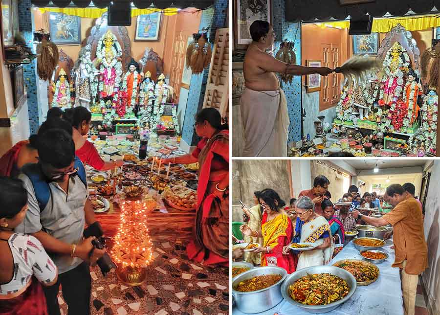 The puja was started in 1985 by late Bhupati Bhattacharya and is now being continued by his son, Subrata, and daughter-in-law, Lopamudra Bhattacharya 