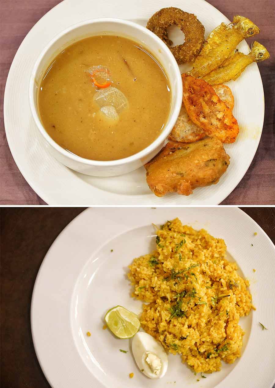 Next was a broth of ‘phyan’, a soup made by boiling rice. It was paired with crispy fried ‘mourala’ fish, pickled Indian gooseberry, ‘nadru’ (lotus stem) chips and crumb fried sponge gourd. A smoked bekti kedgeree, a mishmash of lentils, and basmati rice with chunks of bekti followed