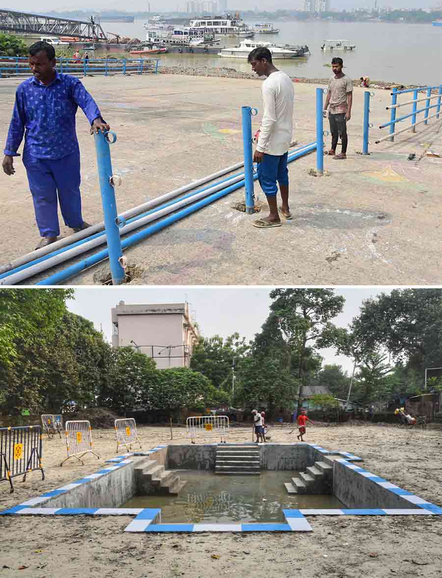 As Chhath Puja began on Tuesday with Nahay Khay, Kolkata Municipal Corporation was found to have installed barricades at Judges Ghat on the Hooghly riverside (top) and (above) made an artificial pond at Prince Anwar Shah Road for devotees