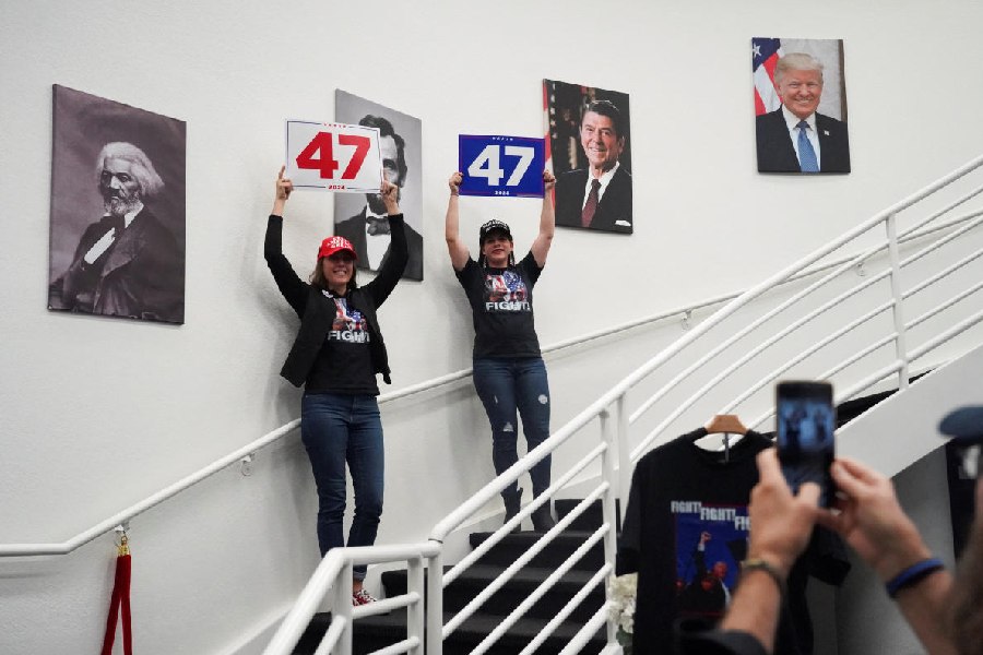 Donald Trump supporters hold up posters that read '47', at Maricopa County Republican Committee during the 2024 U.S. presidential election in Chandler, Arizona, U.S. Reuters