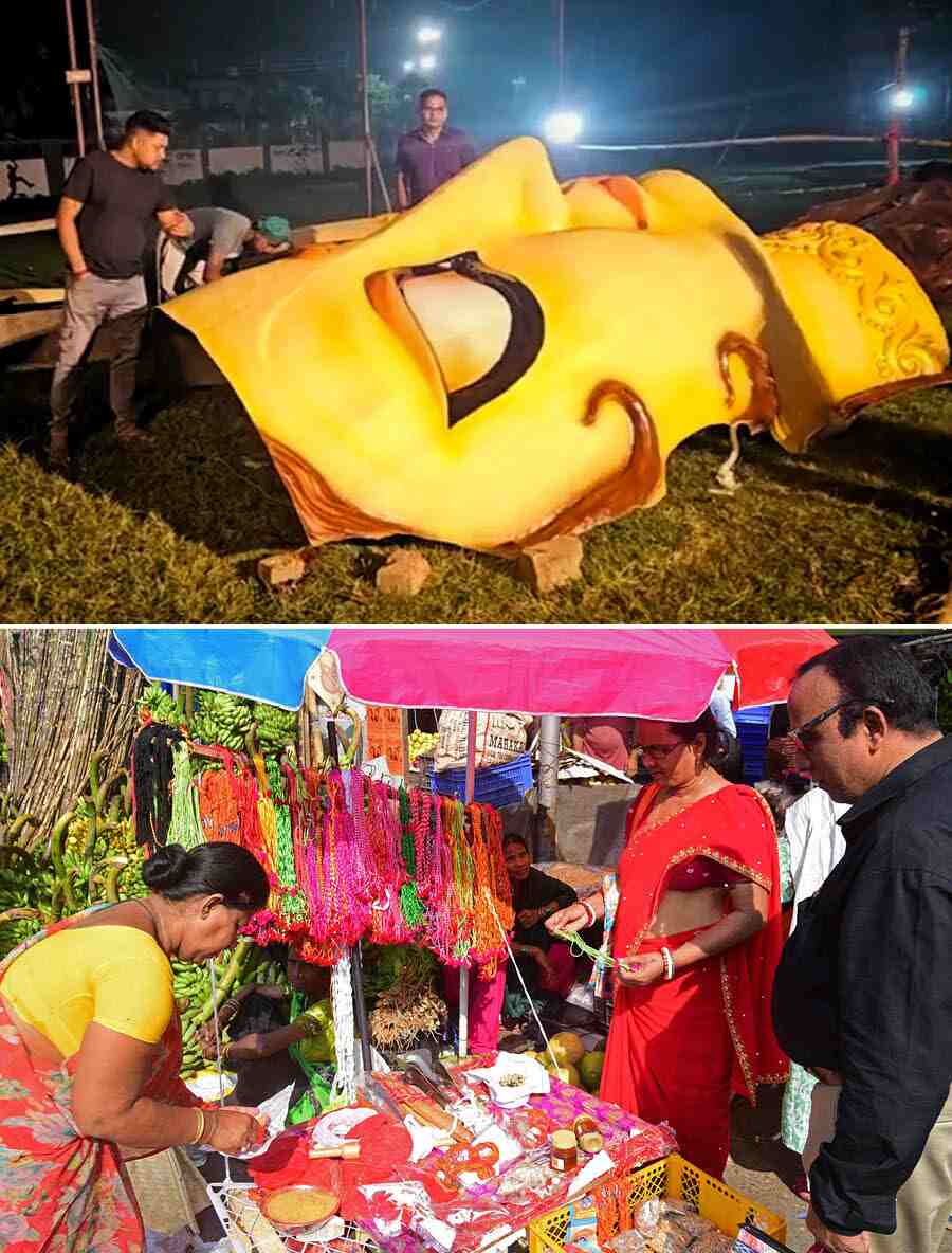 (Top) Krishnanagar Sandhya Para Pratibha Club was vying for the crown of the tallest (70-ft-plus) fibre-made Jagaddhatri idol on Wednesday while (above) devotees were making last-minute shopping for Chhath Puja at Jadubabur Bazar  on second day of the festival