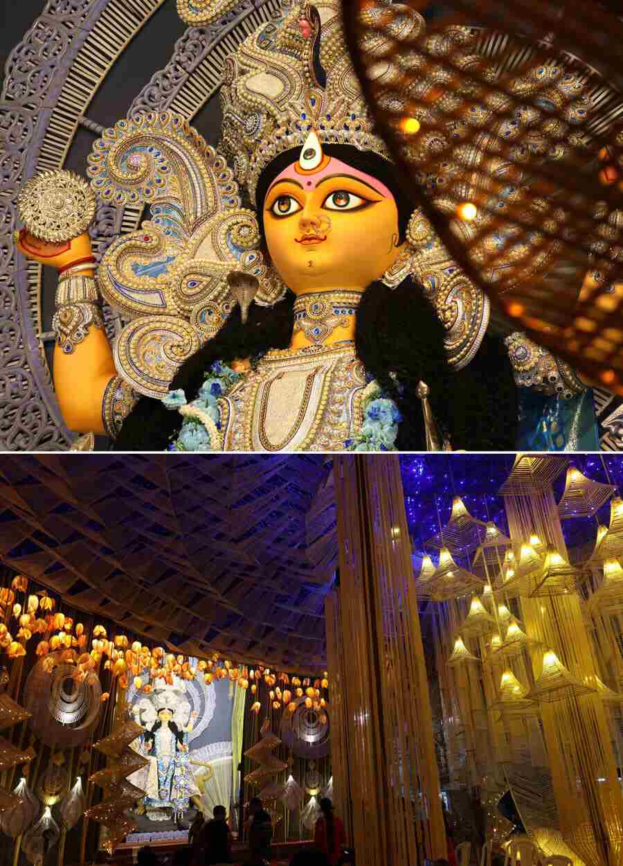 Jagaddhatri Devi sits pretty at the Bor Panchananala pandal in Chandernagore on Wednesday. The puja this year starts on November 7 and ends on the 11th, Monday