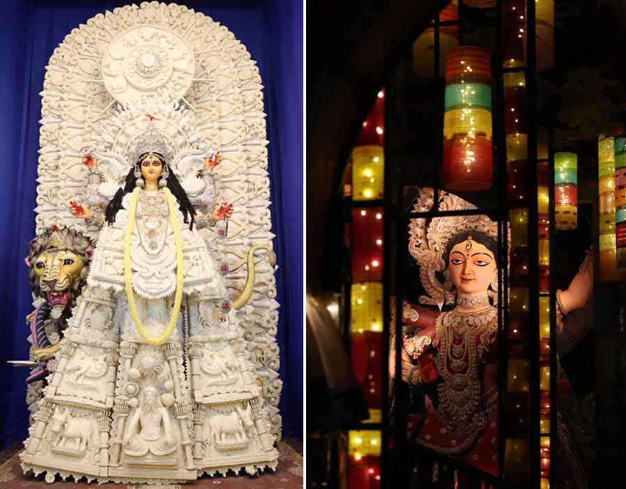 The idol at Chandernagore Bagbazar Choumatha pandal is dressed in pristine white ‘daaker saaj’, while (right) the one at the Doibokpara pandal appeared dreamy 