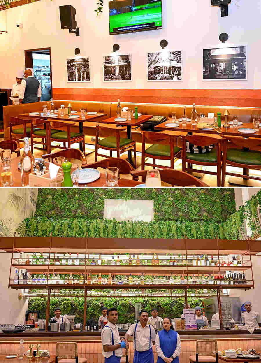 The revamped space can now accommodate up to 140 guests. The decor combines European inspiration with the aesthetics of Kolkata, using olive green and beige as the dominant colours; (below) enhancing the greenery theme, more real plants have been strategically placed across the place