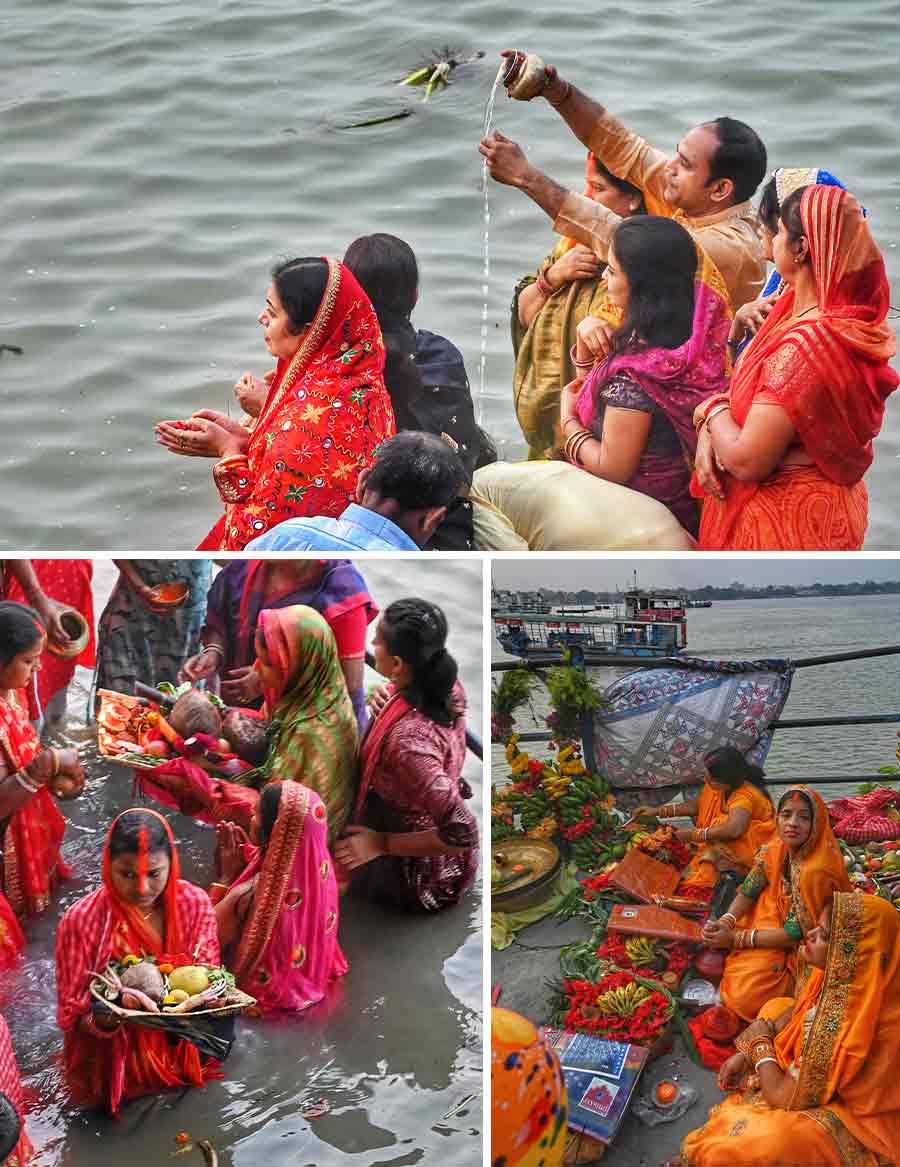 Devotees perform Chhath Puja on Kumartuli Ghat on Thursday