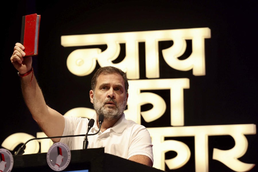 Rahul Gandhi holds up a copy of the Constitution at a Congress event in Nagpur on Wednesday.