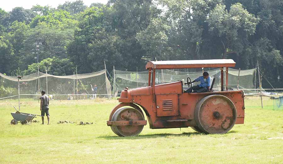 As winter approaches, the cricket playing ground beside Engineers Club at the Maidan is being flattened by a road roller for the upcoming season