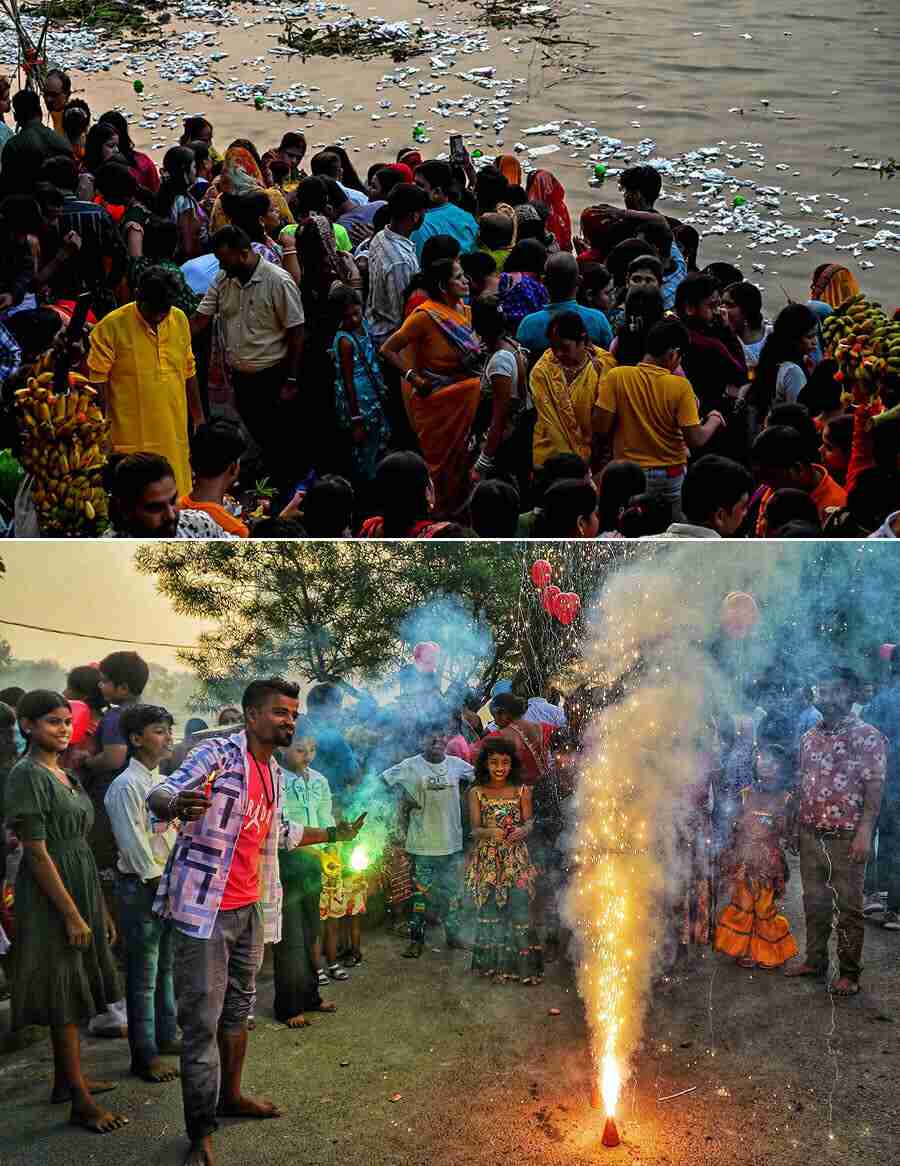  As Chhath Puja celebrations drew to a close on Friday morning, water pollution at the Kumartuli and Ahiritola ghats and noise pollution emitted by crackers at the Panchasayar Lake were too apparent 