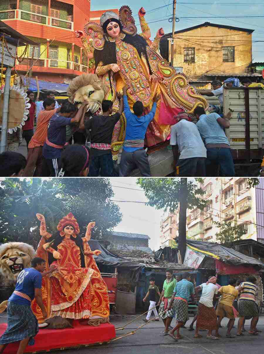 Jagaddhatri idols being ferried to different puja pandals from Kumartuli on Ashtami on Saturday