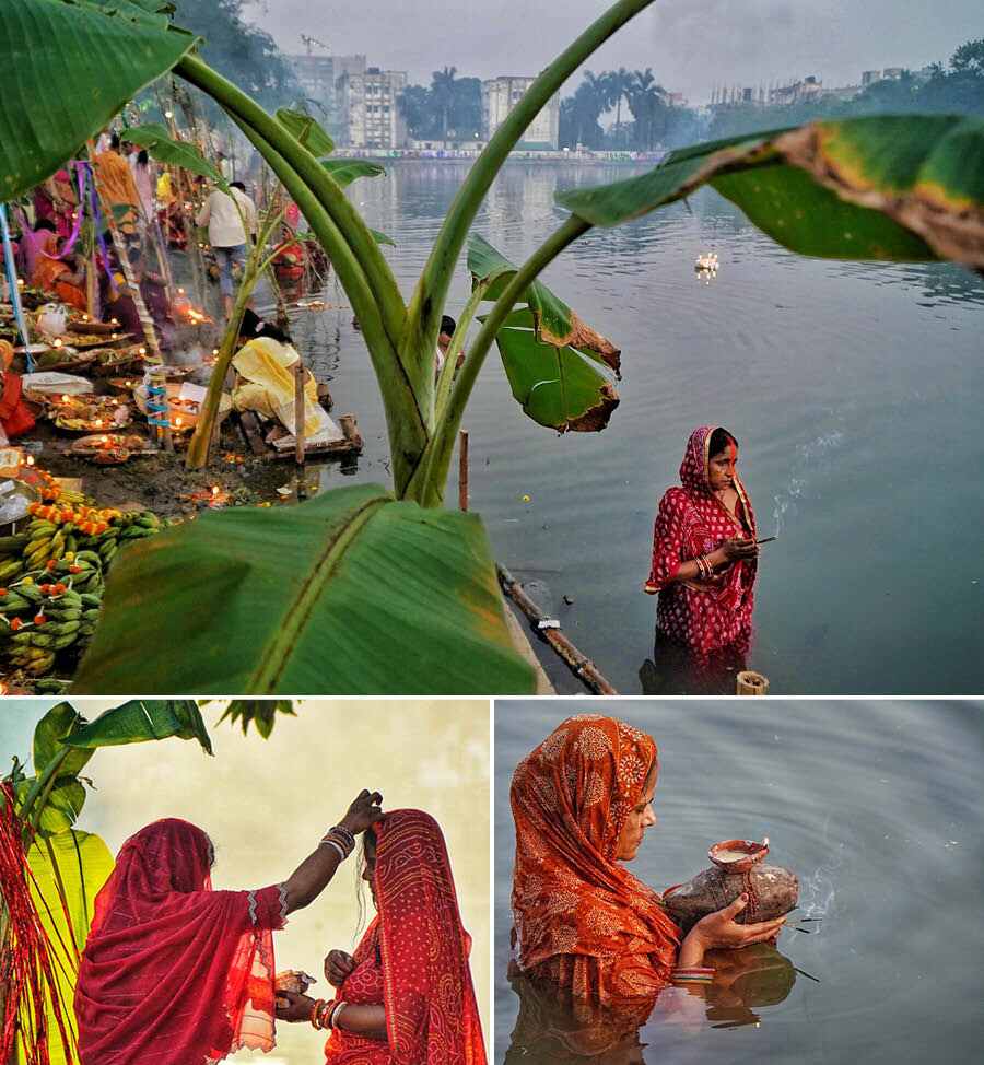 Devotees celebrate Chhath Puja through morning prayers and smearing of vermilion at Panchasayar Lake in south Kolkata on November 8 morning  