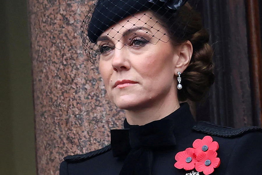 Catherine, Princess of Wales stands from the balcony during the National Service of Remembrance at The Cenotaph on November 10, 2024 in London, England.