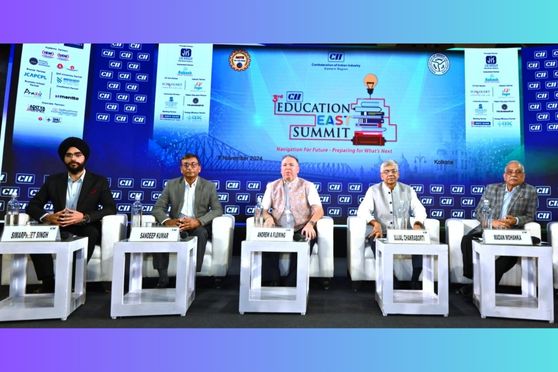 (L-R) Simarpreet Singh, Co-Chairman, CII ER Education & Skill Development Subcommittee & Director, JIS Group; Sandeep Kumar, Chairman, CII West Bengal State Council & MD, Tata Steel Downstream Products Ltd, Andrew Alexander Fleming, Deputy High Commissioner, British Deputy High Commission, Ujjal Chakraborti, Chairman, CII ER Education & Skill Development Subcommittee & Executive In-Charge, Tinplate Division, Tata Steel Ltd and Madan Mohanka, Mentor, CII ER Education Subcommittee & Executive Chairman, Tega Industries Ltd, at the Education East Summit, Kolkata.