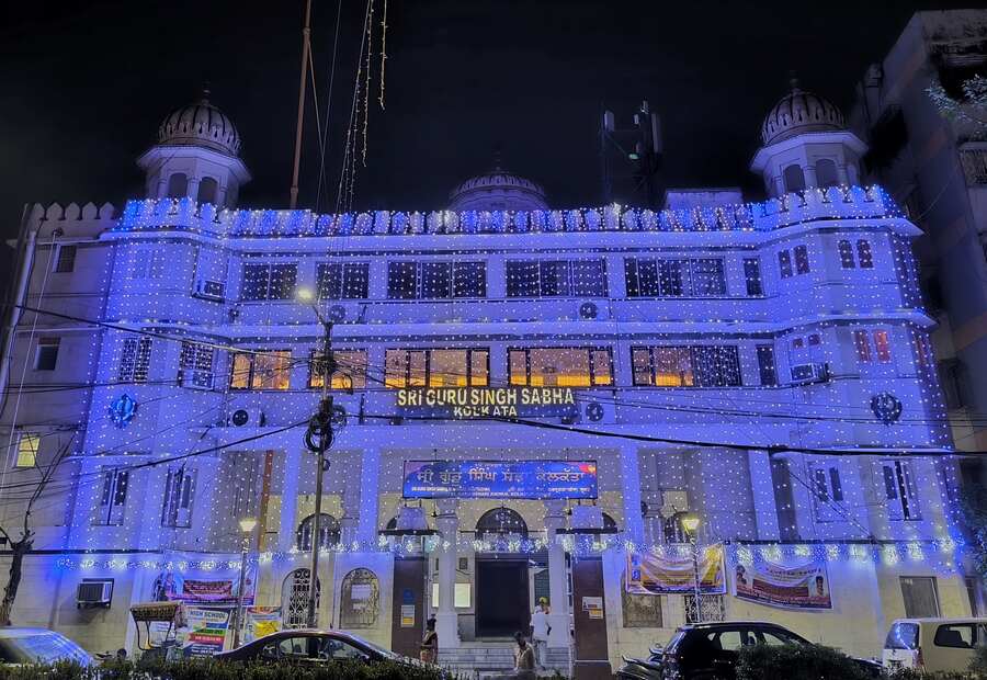 Two days to go for Guru Nanak Jayanti and the lights are up at Jagat Sudhar Gurdwara near the Kalighat-Rashbehari Avenue crossing