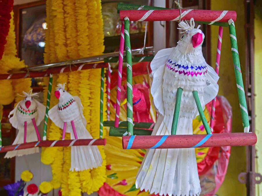 Birds made out of ‘shola’ (pith) on sale  at Kumartuli  for decoration during Raas Purnima 