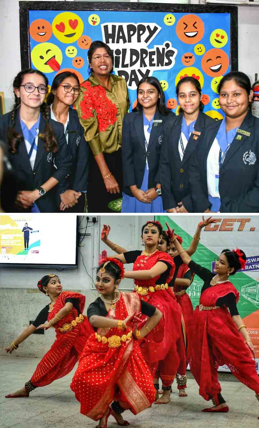 (Top) The GD Birla Centre for Education students had a surprise visitor, Jhulan Goswami, on Children’s Day and (above) cultural performances livened up the school atmosphere 