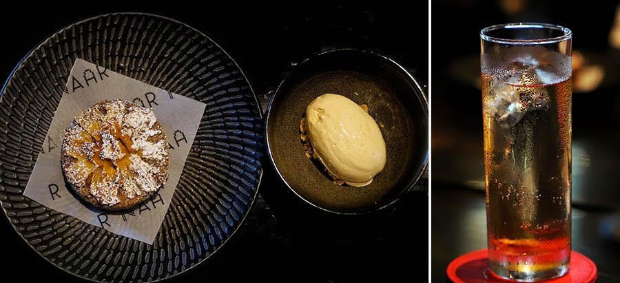 The meal ended on a sweet note with a Ragi Cake topped with a smoked pineapple and served with a side of brown butter ice cream which was silky smooth. The dessert was served with a Digestif Highball made with Laphroaig Select, Naar Amaro and tonic