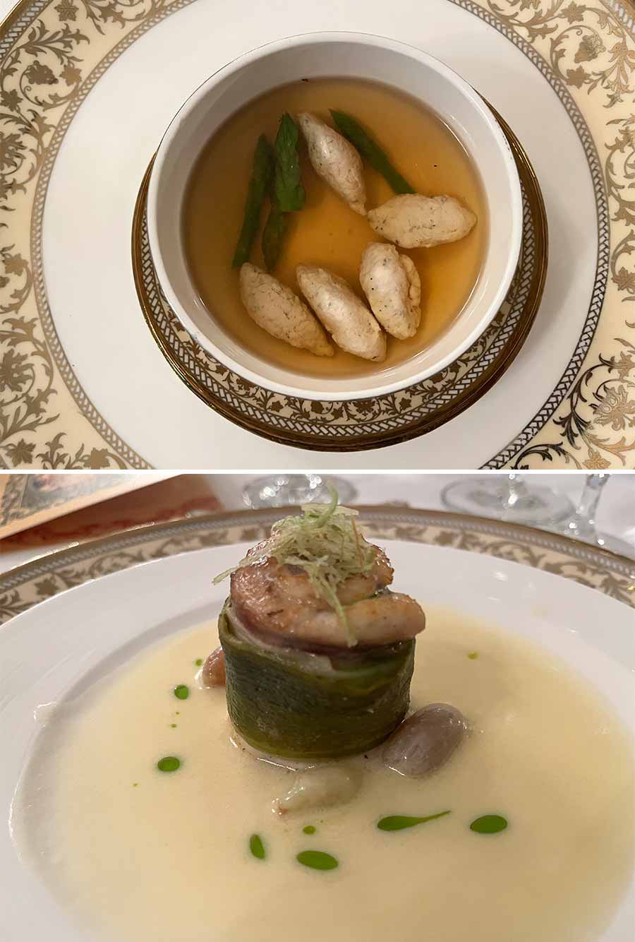 The five-course menu featured Continental dishes from the grand era, paired with elegant wines from Italy. The non-vegetarian course began with a warm bowl of chicken consommé with a garnish of asparagus spears and chicken quenelle followed by a soft and juicy rolled bekti fillet served with chardonnay lemon sauce and white grapes. The vegetarian options for these two courses included a potato and leeks soup and roasted butternut squash crepes, comte’ cheese emulsion