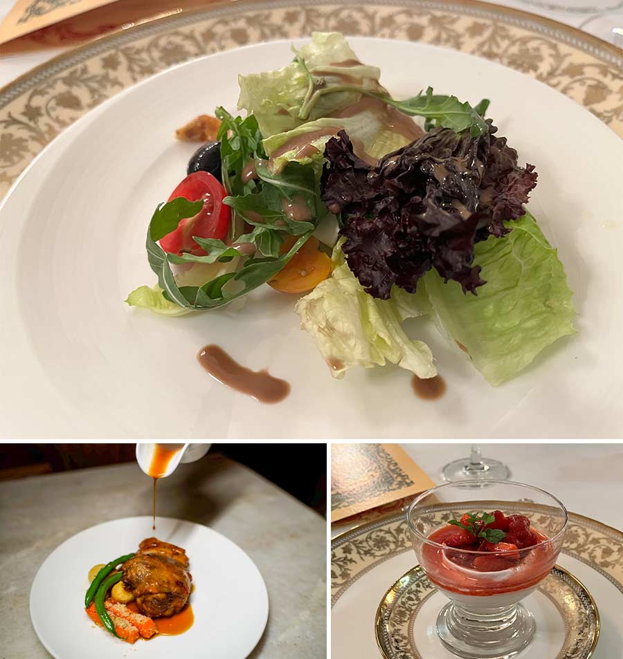 Serving a dash of freshness and greens was a rocket leaf salad with candied walnuts, olives and lemon olive oil dressing. Then came a sumptuous platter of confit leg and breast of duck, roasted baby potatoes, pumpkin polonaise and haricot vert. The vegetarian alternative was soft polenta, ceps, porcini, king mushroom and truffle oil. The dessert came in as a piece of artwork where vermouth macerated strawberries were served with strawberry mousse