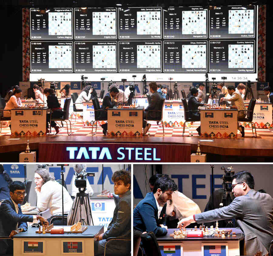 Magnus Carlsen, R Praggnanandhaa, Vidit Gujrathi and Vaishali R, were all in action at the Dhono Dhanyo Auditorium on the opening day of the 6th TATA Steel Chess India Rapid and Blitz tournament on November 13  