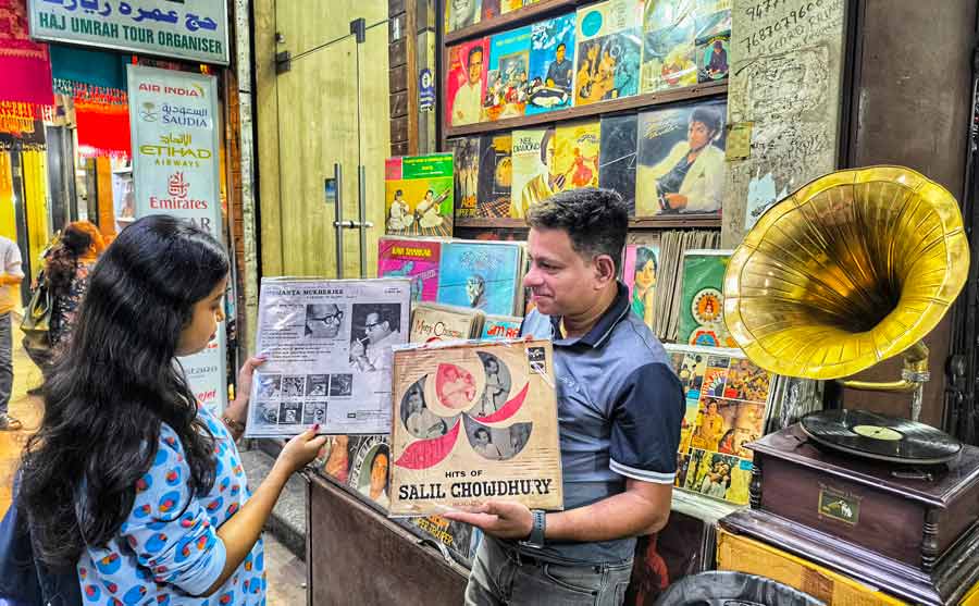 On the 99th birth anniversary of composer Salil Chowdhury, LP records on sale at Mirza Ghalib Street near New Market on Tuesday