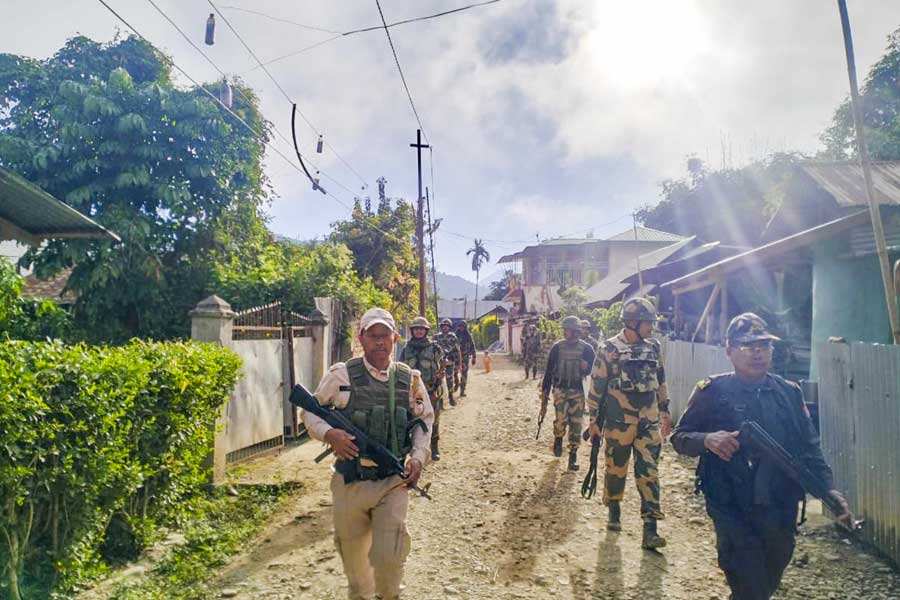 Security personnel conduct patrolling in a sensitive area of Manipur. Search operations and area domination were conducted by security forces in the fringe and vulnerable areas of hill and valley districts of the state.