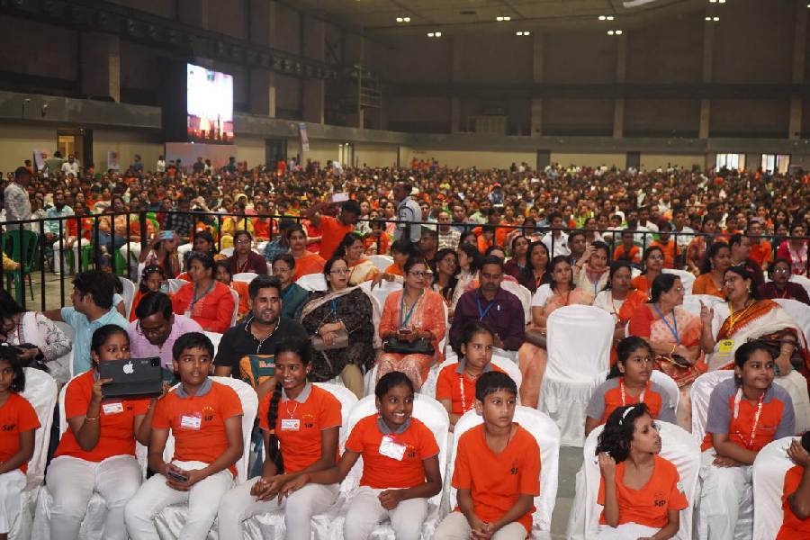 Students wait for their turn to solve maths problems through abacus at SIP Abacus International Prodigy held at Biswa Bangla Prangan Mela ground