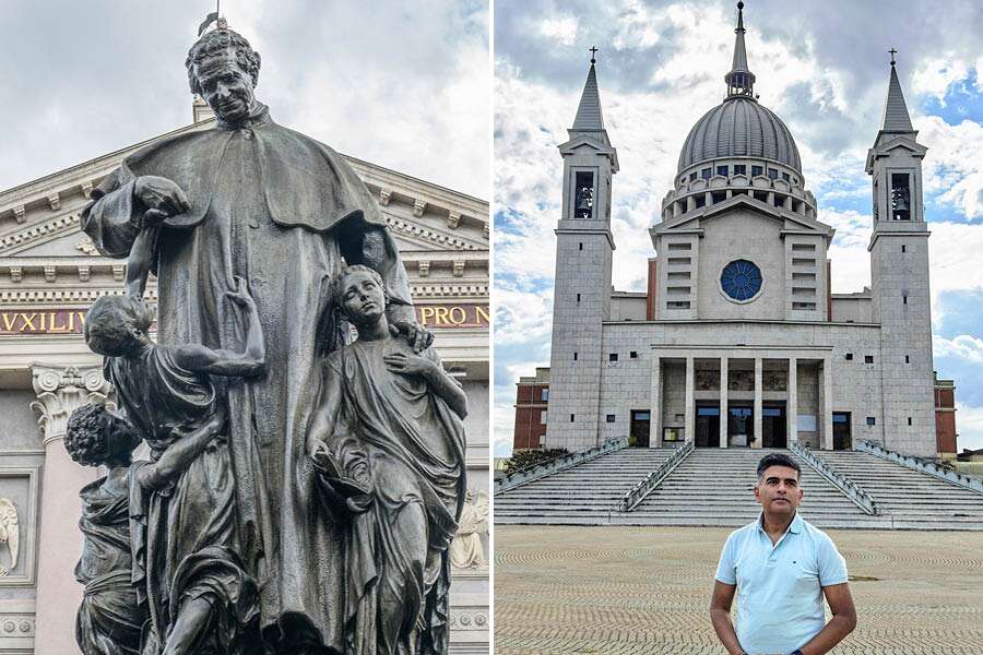 (Left) a monument to Don Bosco, with the Basilica of Maria Ausiliatrice in the background, in Turin; (right) the author at the Basilica of Don Bosco