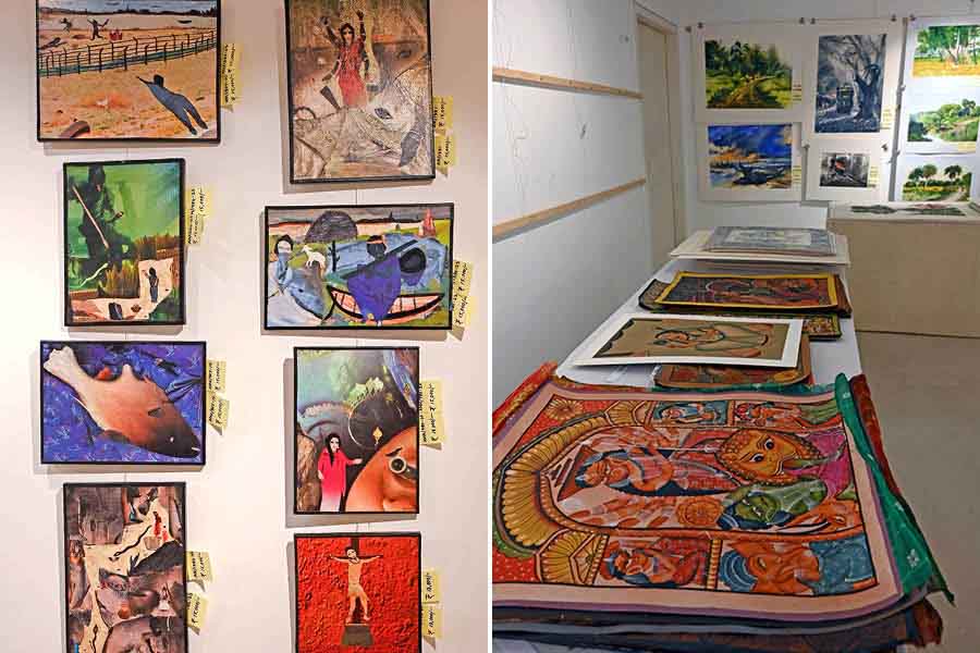 Shakila Sheikh's stunning artistic vision on display at the gallery; (right) The works of Swarna Chitrakar (on the table) and Sadikul Islam (mounted on the wall) are available to art lovers