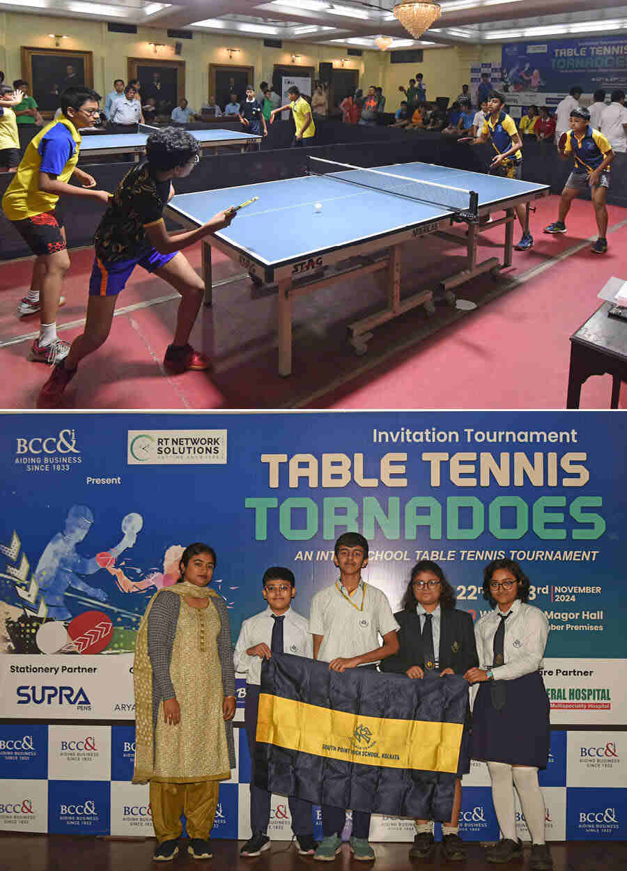 (Top) School students take part in the The Bengal Chamber of Commerce & Industry, Inter School Table Tennis Tournament, at Williamson Magor Hall on The Bengal Chamber Premises. Students of classes V to XII from 12 different schools are taking part in the two day tournament and (above)  South Point High School, one of the participating teams, poses for a group photo