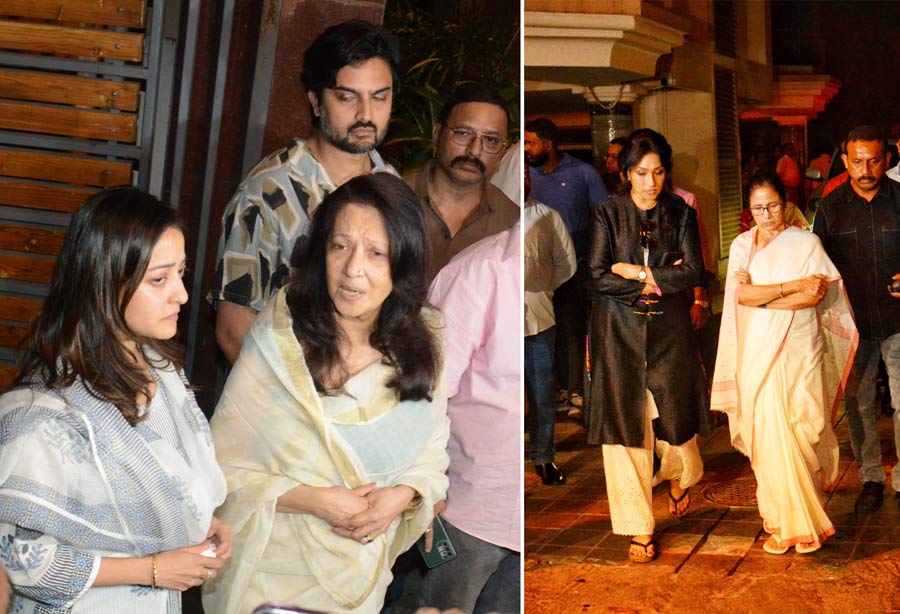 Bharat Dev Varma, a member of the former ruling family of the princely state of Tripura, husband of actress Moon Moon Sen and father of actresses Raima and Riya Sen, passed away at his Ballygunge Circular Road home in south Kolkata on November 19. (In photo) Moon Moon Sen and Raima address the media and (right) chief minister Mamata Banerjee and actress Rituparna Sengupta step out after offering condolences to the bereaved family on Tuesday evening  