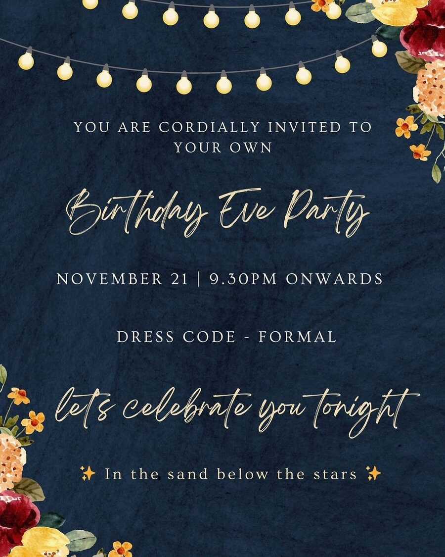 Kartik was “cordially invited” to his own birthday eve party by his friends, shows a slide carrying the invitation. “Let’s celebrate you tonight…In the sand below the stars,” reads the tagline of the invite for the event. The dress code was formal. 