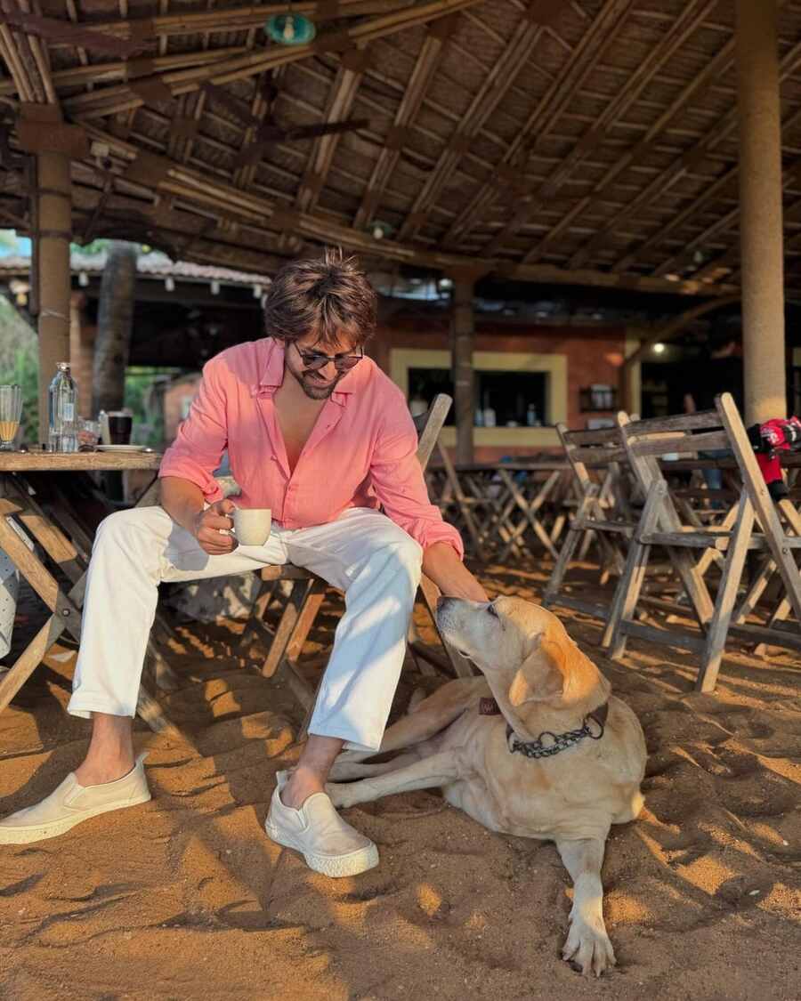 The actor, who has the films Hera Pheri 3 and Aashiqui 3 in the pipeline, looked happy as he petted a dog while savouring a cup of tea by the beach. 