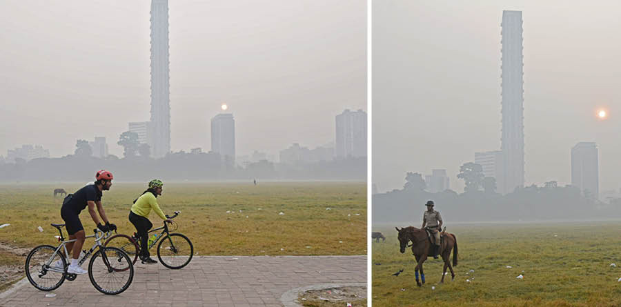 Winter mornings at the Maidan provide the best warm-up opportunities for cyclists and (right) horses of the Kolkata Mounted Police