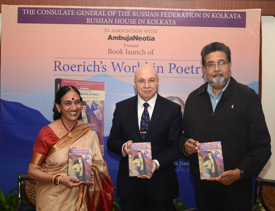 (From left)  Professor Meeta Narain, consul general of Russian Federation In Kolkata Maxim Kozlov and industrialist Harshvardhan Neotia release the book ‘Roerich’s World in Poetry’ book on  Russian painter, writer, archaeologist, theosophist, philosopher Nicholas Roerich at Gorky Sadan on Monday