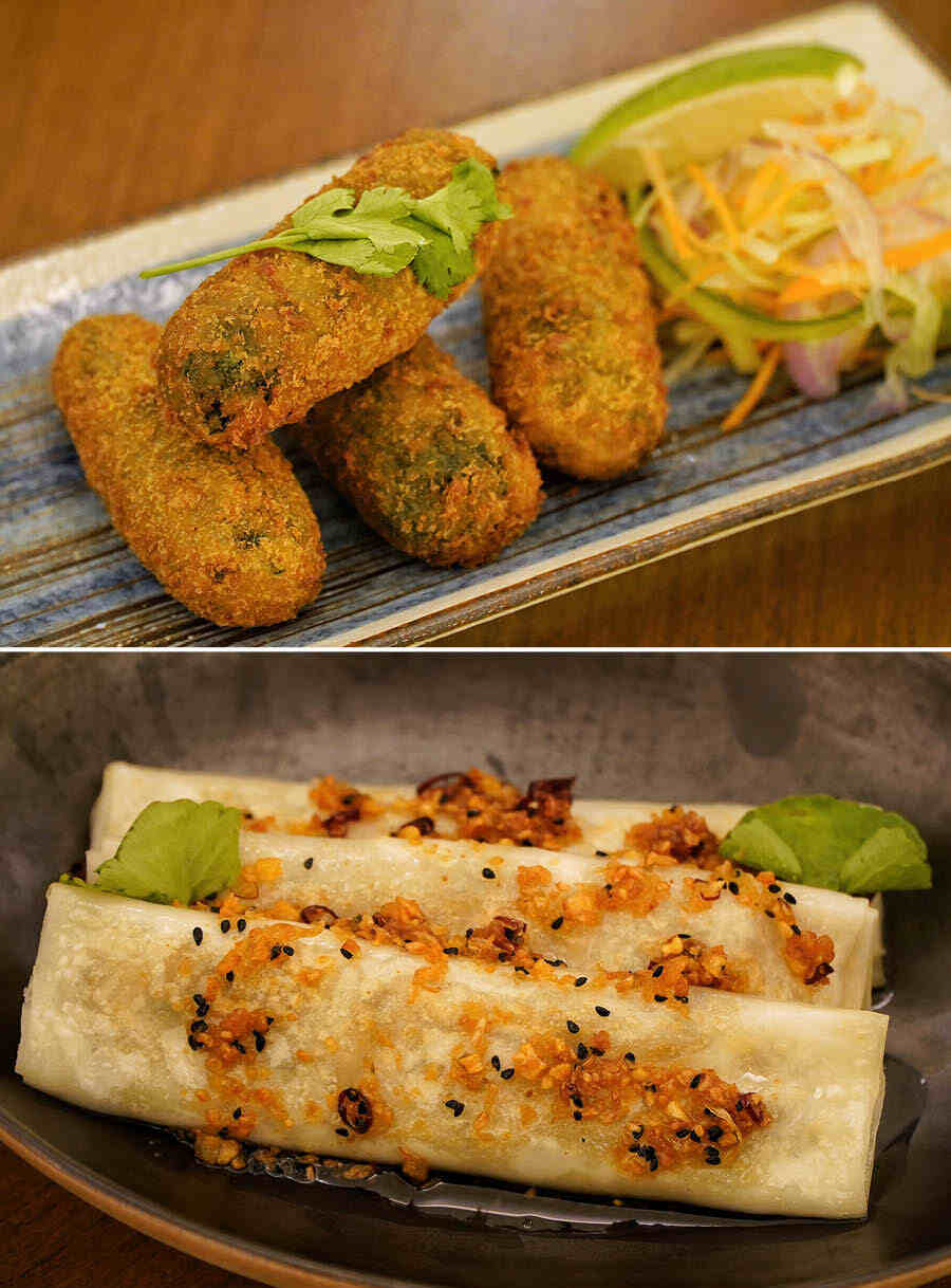 The meal began with a Mochar Patheras. Flavourful and mildly spicy, this reminded us of the ‘mochar chop’. The next serve was a savoury Mushroom Patishapta. Wrapped in a rice-flour crepe, the gooey filling had chopped button and shiitake mushrooms with cheese