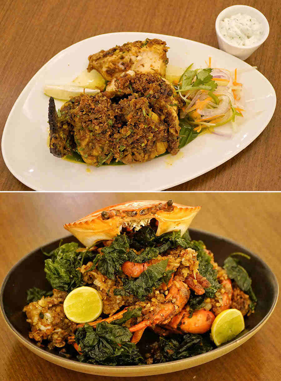 Next on the tasting table were some meaty delights. First was a flavour-packed Jeere Morich Roast Chicken. A generous cut of chicken breast was coated with a coarsely ground spice mix and roasted. THe result? A juicy chicken dish with a unique texture from the spices. Following the chicken was Makhon Morich Diye Kankra — a dry, stir-fried dish, with a spicy and mildly sweet flavour. The aroma and taste from the combination of butter and crab were the highlight