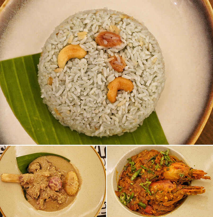 For the mains, the Bengali ‘basanti’ pulao got a makeover with a light blue colouring from butterfly pea flower, fitting the name Neelkanta Pulao. To go with the pulao, was a tangy and spicy Chingrir Jhaal Peyaji — jumbo prawns cooked in a tomato and onion gravy. We also tried the Ada Mourir Mangsho, which was  mutton cooked in a white, light gravy flavoured with ginger and fennel seeds