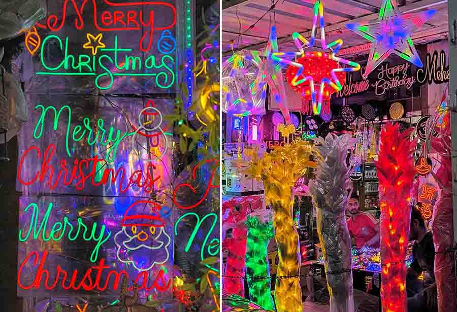Different lights for sale at Chandni market ahead of Christmas 