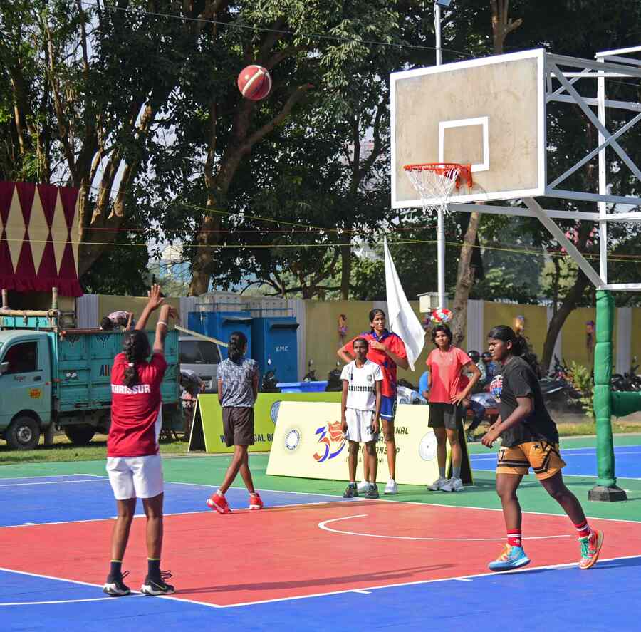 Players from different states practise at the West Bengal Basketball Association Court ahead of the 39th Youth National Basketball Championship 2024 slated to be held from November 29 to December 5. The event will be held at the Basketball Grounds, Red Road, Kolkata and Dumurjala Indoor Stadium in Howrah