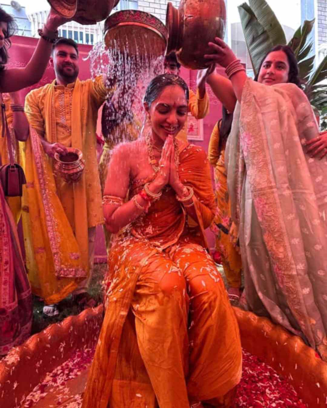 The Love, Sitara actress joined her hands as her family and friends participated in the rituals. The couple kicked off their pre-wedding celebrations in October with the Godhuma Raayi Papasu Daanchtam ritual, which took place in Visakhapatnam. 