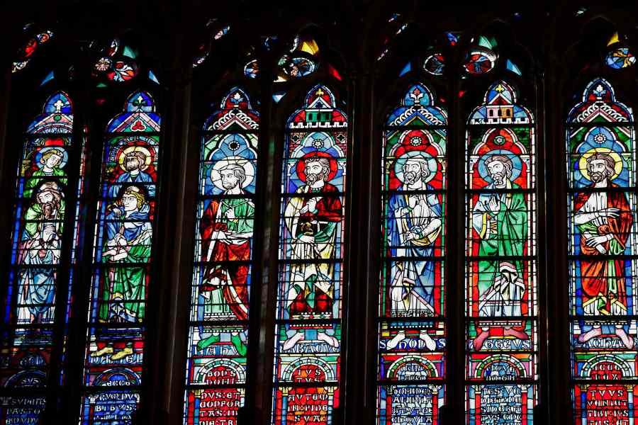 A view of windows inside Notre-Dame de Paris cathedral in Paris