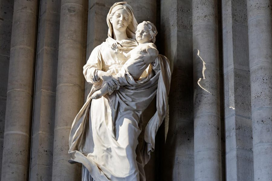 A view of a statue inside the Notre-Dame de Paris cathedral in Paris