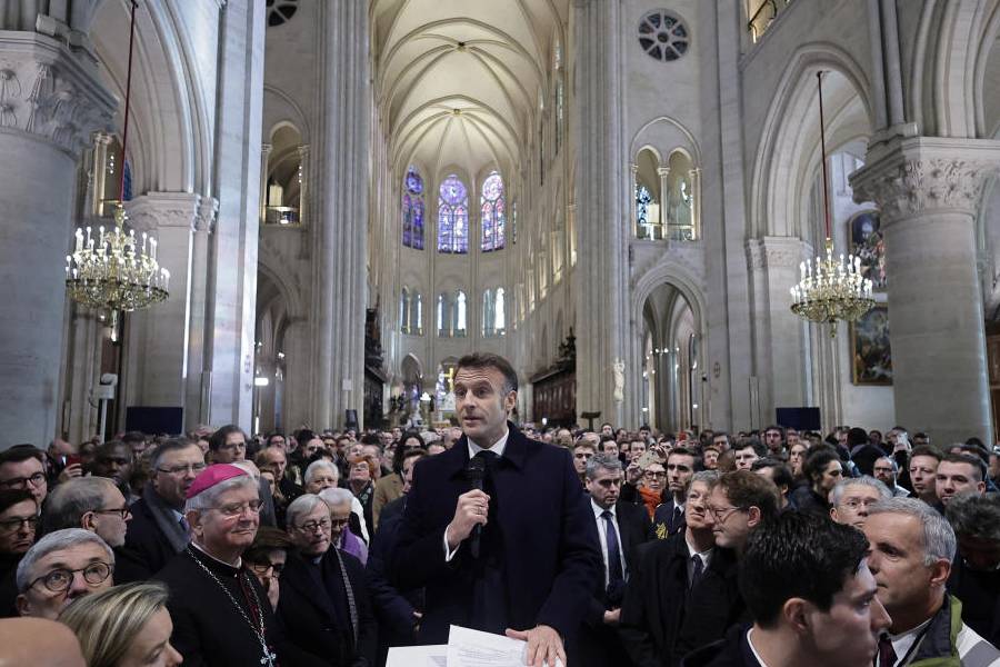 Emmanuel Macron delivers a speech during a visit to Notre-Dame de Paris Cathedral in Paris