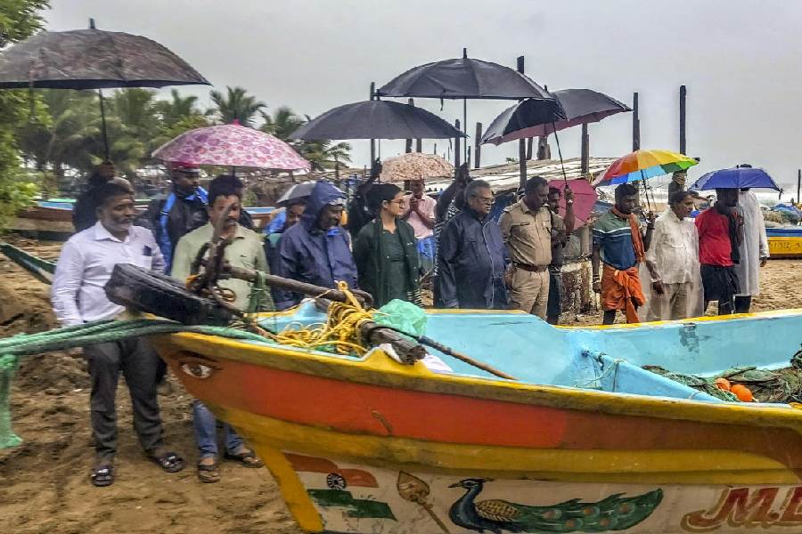 Puducherry Assembly speaker Embalam R. Selvam visits an affected area in Puducherry, Saturday, Nov. 30, 2024. PTI