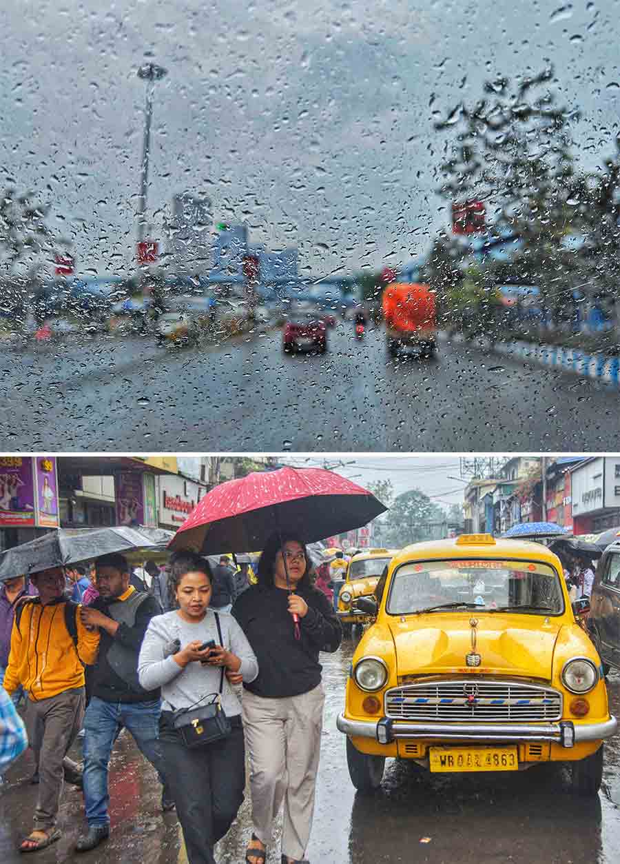 A light drizzle ensured that traffic was thin on the EM Bypass on Saturday afternoon and (above) sent Kolkatans back to the refuge of umbrellas early winter