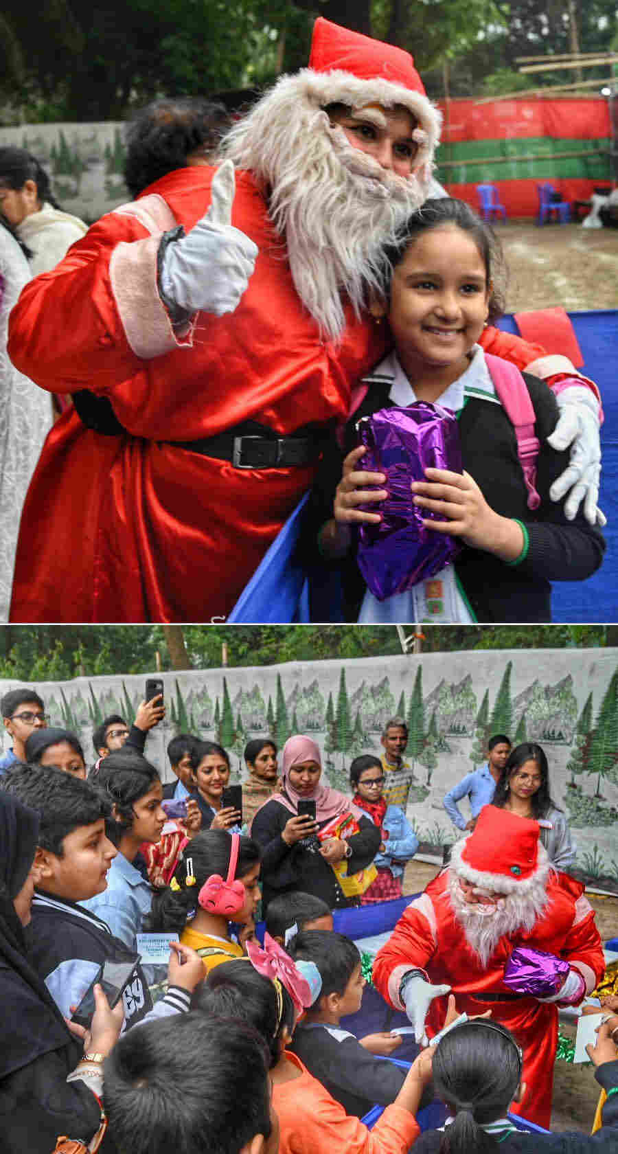 The plump Santa Claus was most indulging with children surrounding him for Christmas gifts