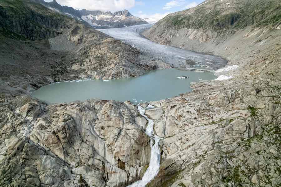 A drone view shows the melting of the Rhone glacier amid climate change in Obergoms.