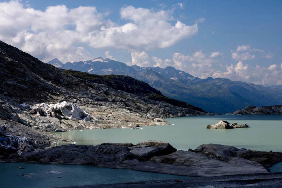 The ice cave covered by fleeces to slow the melting is seen on the Rhone glacier in Obergoms